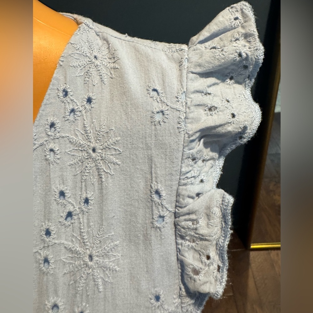 Light Blue Eyelet Dress Cotton V Neck Ruffle Sleeve Mini Cottagecore S - Picture 4 of 9